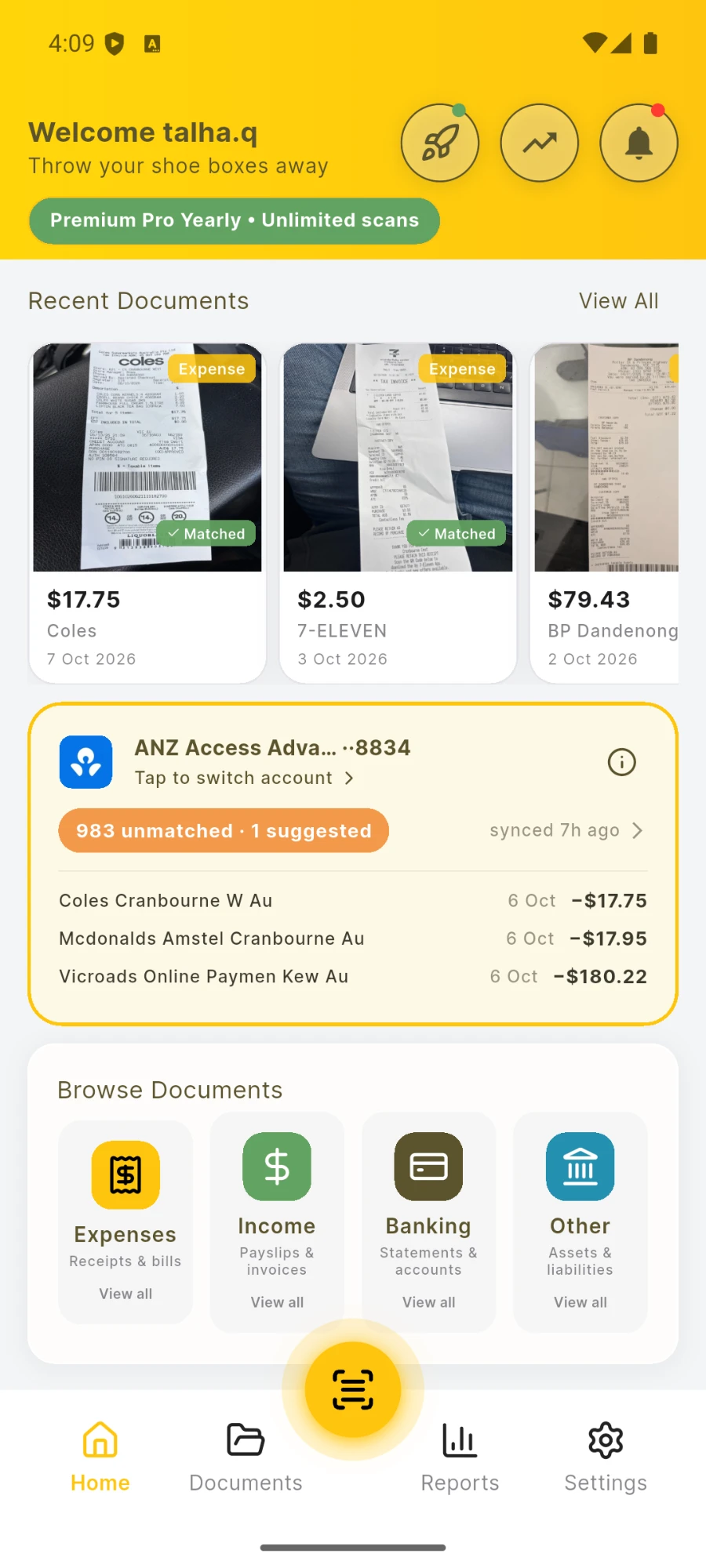 The Instant Receipts app home screen showing recent receipts marked as matched and a connected ANZ bank account with its latest transactions