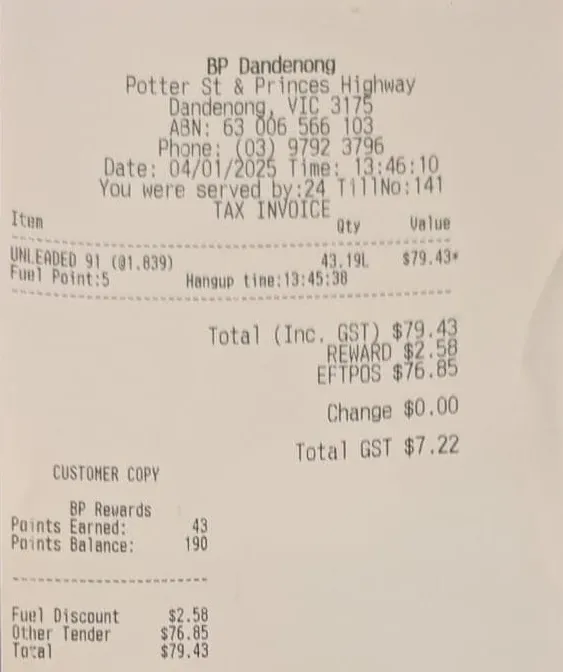 Photo of a BP fuel receipt showing a total of $79.43 including $7.22 GST